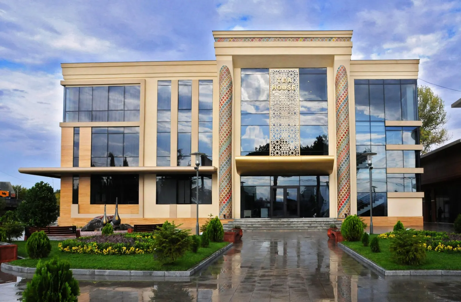 Azerbaijan Cultural Center — Tea House — Elevated perspective of the cultural center tea house and surrounding parkland landscaping