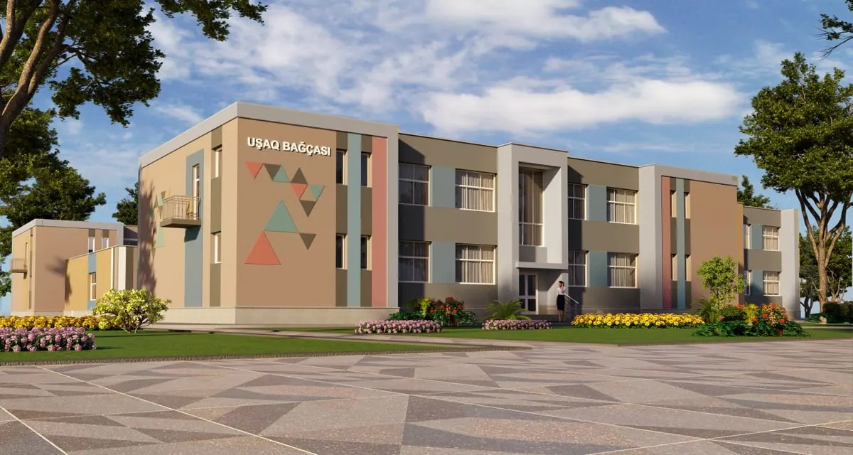Kindergarten Baku — Entrance perspective emphasizing safe drop-off zone and playful architectural language