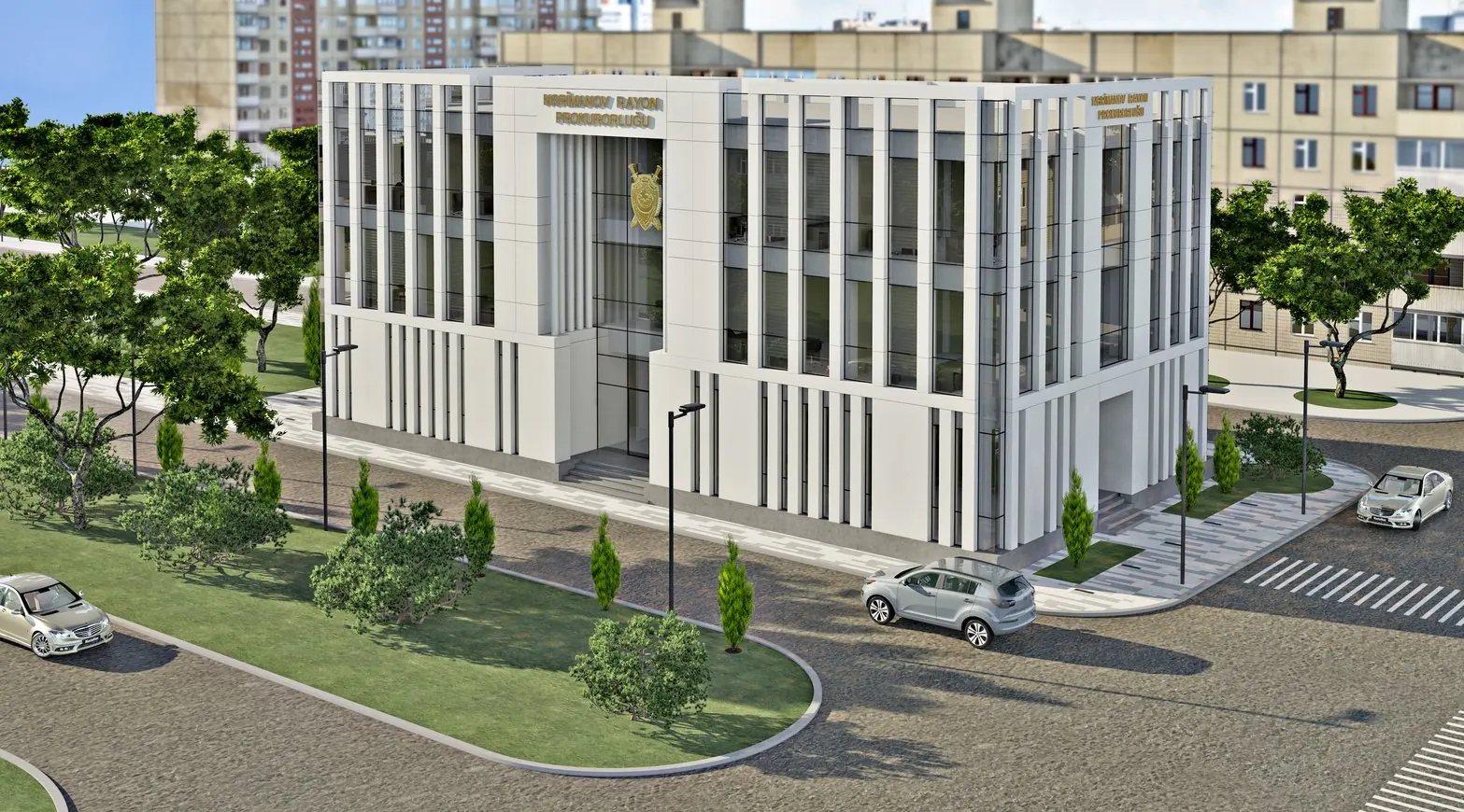 Administrative Building — Contemporary glazed civic facade featuring structured solar louvers, central entrance portico, and flag plaza