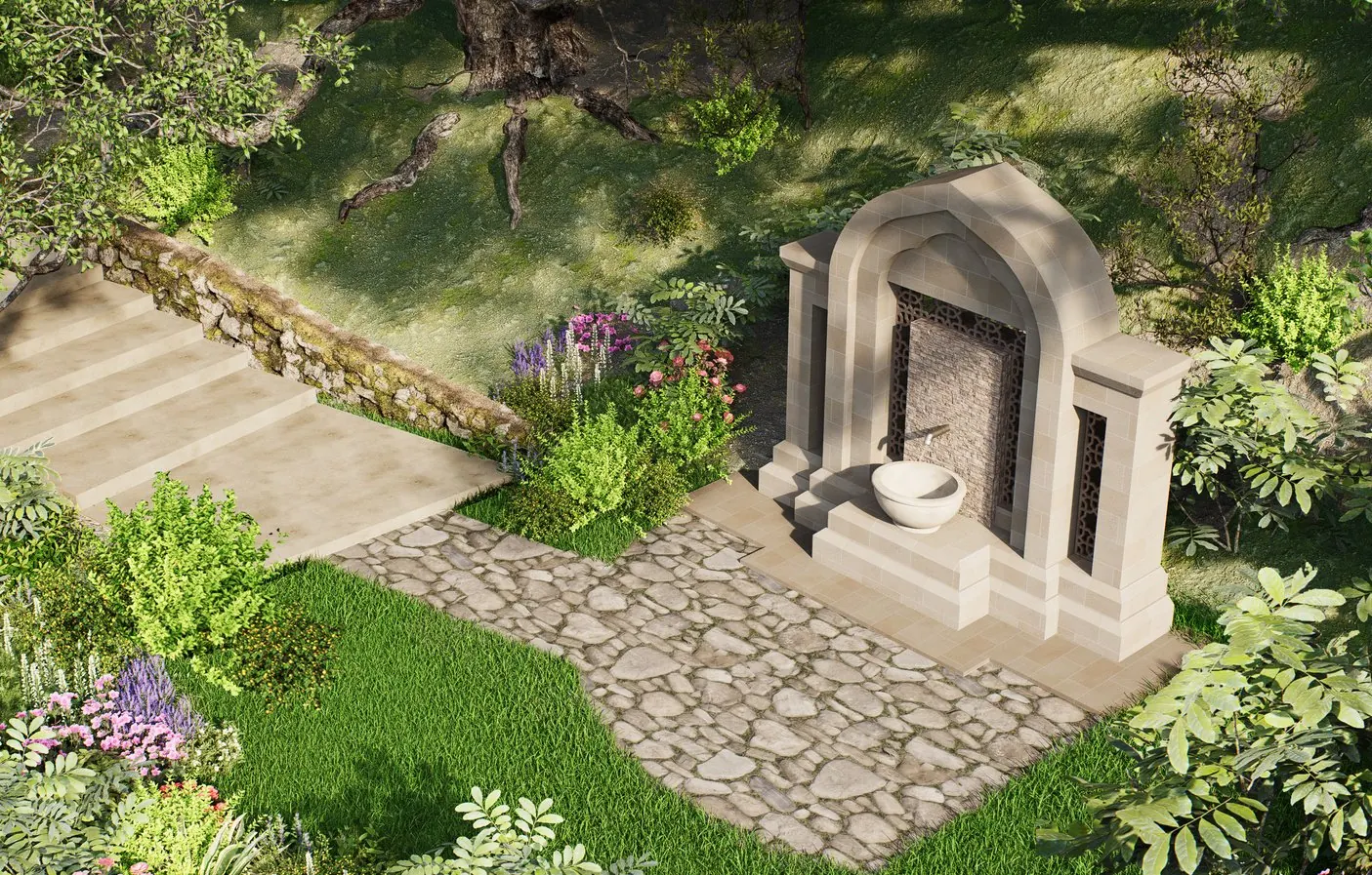 Baharli District Spring Area — Stepped stone amphitheater and community gathering plaza surrounding the central water feature