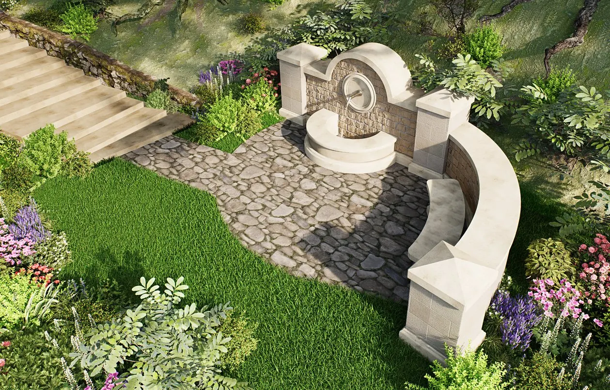 Baharli District Spring Area — Traditional natural stone spring basin, drinking spout, and carved arched decorative niche