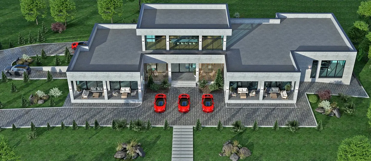 Private Villa Collection — Part 1: Modern Minimalist — Modernist flat-roof residence featuring natural wood screening and manicured lawn