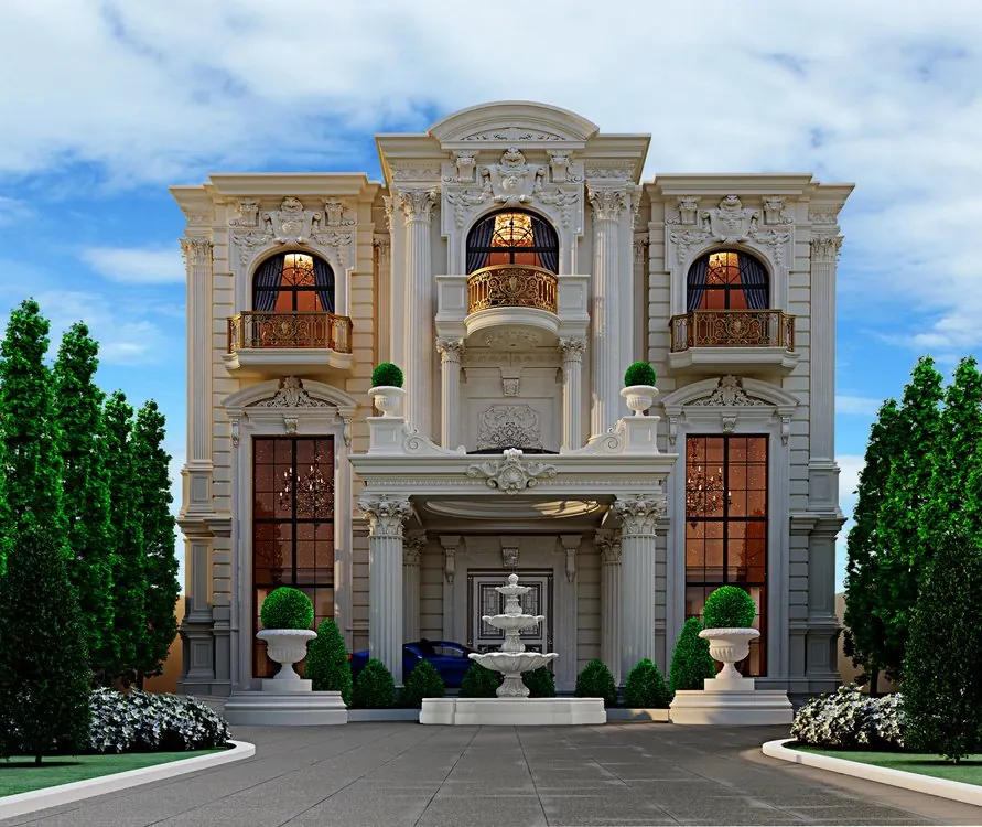 Private Villa Collection — Part 2: Palatial Estates & Goradil — Opulent classical residence with ornate carved limestone relief and tiered balconies