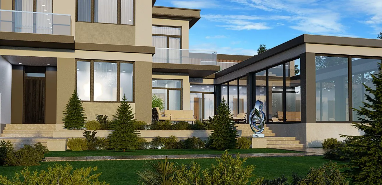 Private Villa Collection — Part 2: Palatial Estates & Goradil — Close-up perspective of the glass pavilion and modern garden sculpture