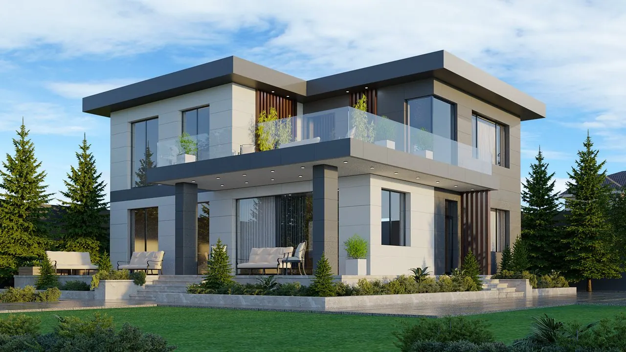 Private Villa Collection — Part 2: Palatial Estates & Goradil — Modernist two-story duplex villa with cantilevered balcony and surrounding pine gardens